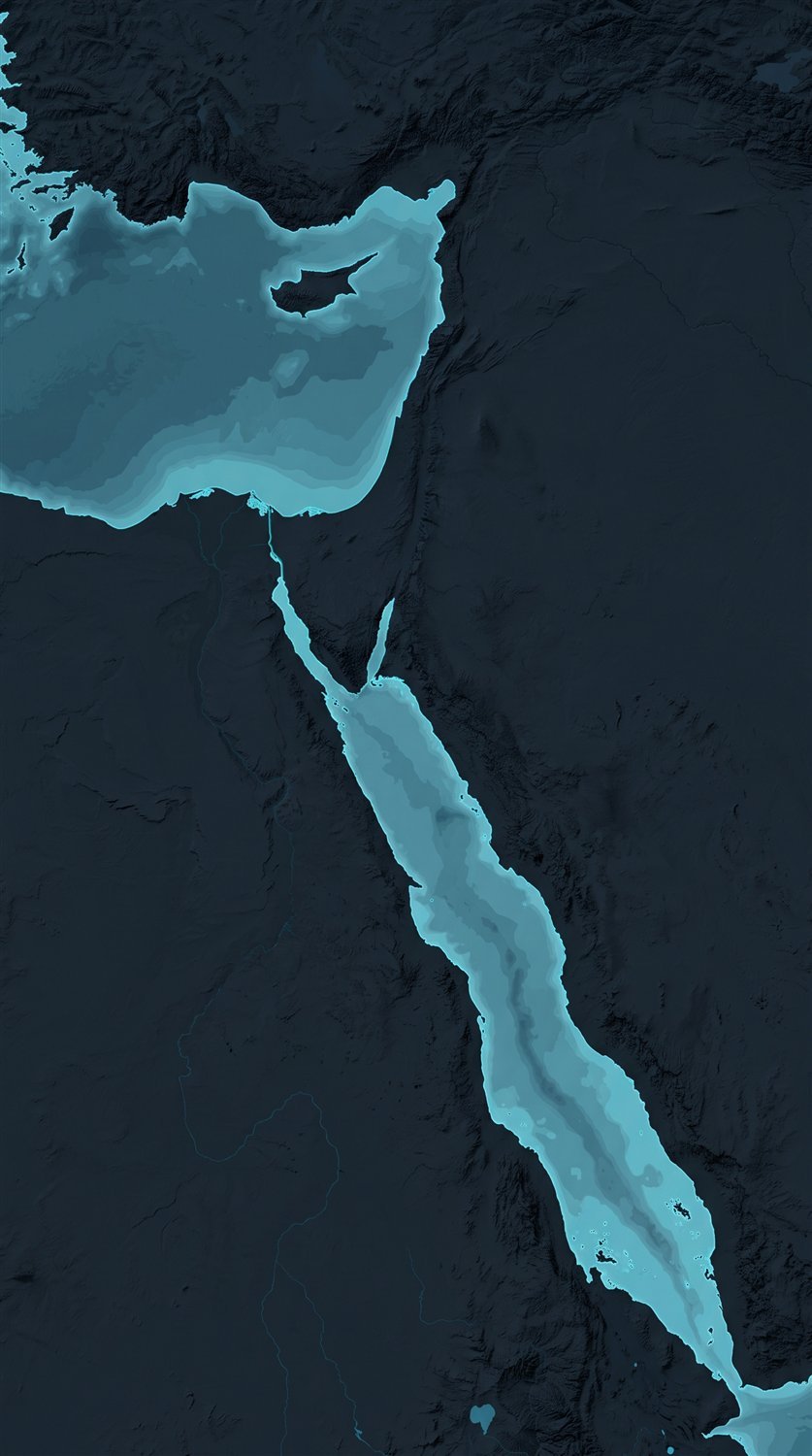 Satellite relief map of the Eastern Mediterranean and Red Sea showing the SEA ARK offices at Latakia, Tartous, Suez and Jeddah.
