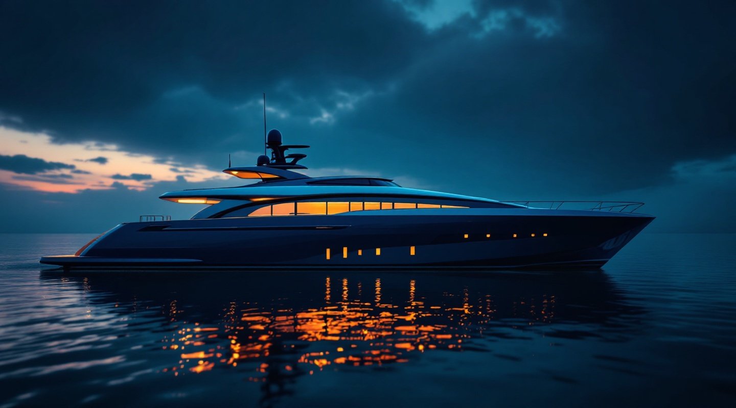 Luxury motor yacht at anchor at dusk, serviced by SEA ARK